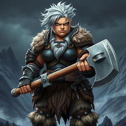A grumpy, stocky silver-haired barbarian dwarven lady stands boldly, wielding a massive great axe with both hands