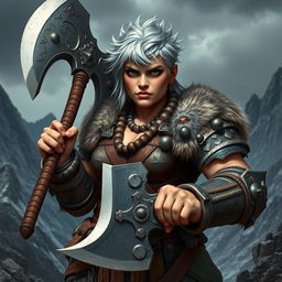 A grumpy, stocky silver-haired barbarian dwarven lady stands boldly, wielding a massive great axe with both hands