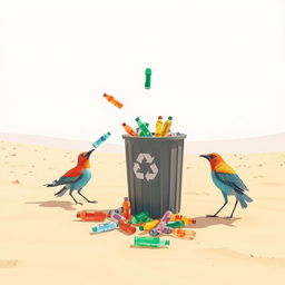 In a digital art style, the scene unfolds in a dry and barren desert where stylized birds are portrayed actively picking up colorful plastic bottles from the sandy terrain