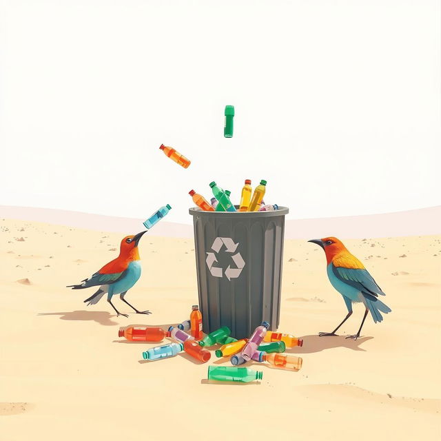 In a digital art style, the scene unfolds in a dry and barren desert where stylized birds are portrayed actively picking up colorful plastic bottles from the sandy terrain