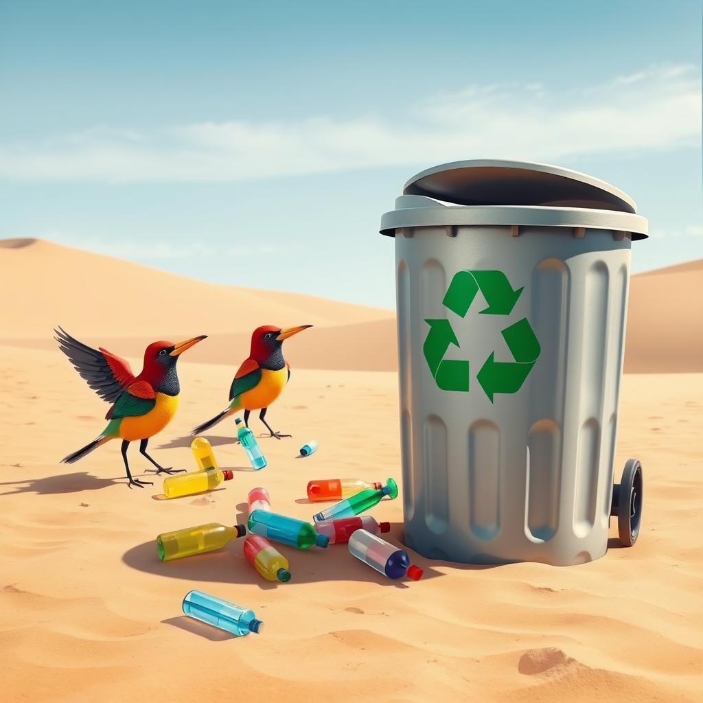 In a digital art style, the scene unfolds in a dry and barren desert where stylized birds are portrayed actively picking up colorful plastic bottles from the sandy terrain