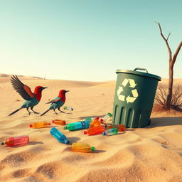 In a digital art style, the scene unfolds in a dry and barren desert where stylized birds are portrayed actively picking up colorful plastic bottles from the sandy terrain