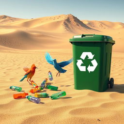 In a digital art style, the scene unfolds in a dry and barren desert where stylized birds are portrayed actively picking up colorful plastic bottles from the sandy terrain