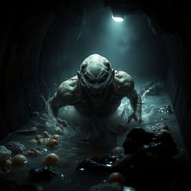 A grotesque creature with wet skin and bloodshot eyes, rapidly moving through the waste in a dark sewer system