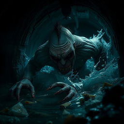A grotesque creature with wet skin and bloodshot eyes, rapidly moving through the waste in a dark sewer system