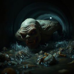 A grotesque creature with wet skin and bloodshot eyes, rapidly moving through the waste in a dark sewer system