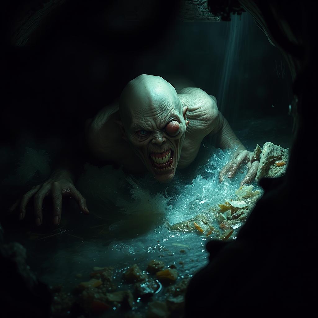 A grotesque creature with wet skin and bloodshot eyes, rapidly moving through the waste in a dark sewer system