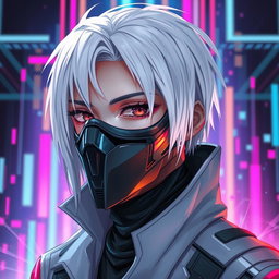 A futuristic cyberpunk character with only half of their body visible, wearing a sleek mask and white hair