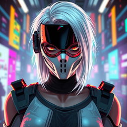 A futuristic cyberpunk character with only half of their body visible, wearing a sleek mask and white hair