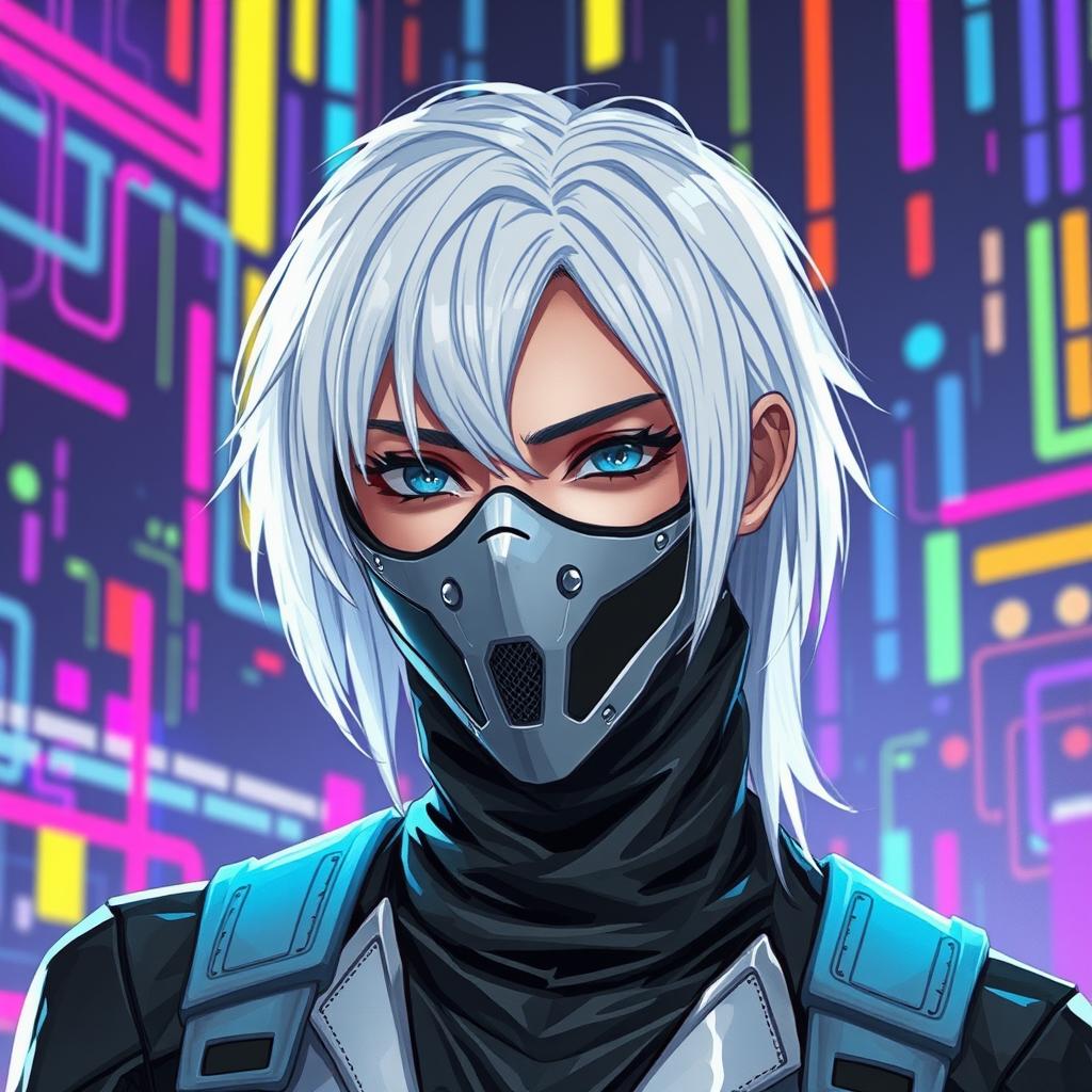 A futuristic cyberpunk character with only half of their body visible, wearing a sleek mask and white hair