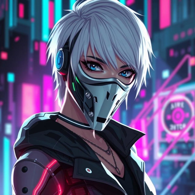 A futuristic cyberpunk character with only half of their body visible, wearing a sleek mask and white hair