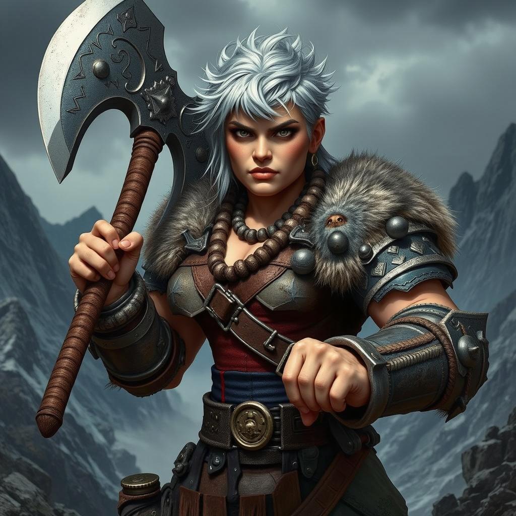 A grumpy, stocky blonde barbarian dwarven lady standing with a fierce expression