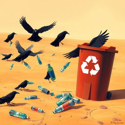 In a vibrant digital art style, the scene is set in a dry and barren desert where crows are actively picking up discarded plastic bottles from the sandy ground