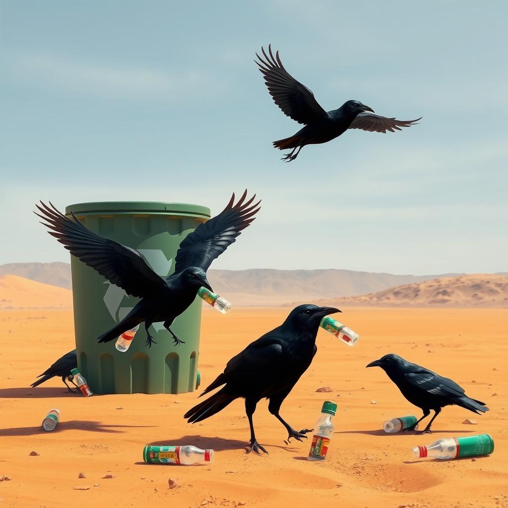 In a vibrant digital art style, the scene is set in a dry and barren desert where crows are actively picking up discarded plastic bottles from the sandy ground