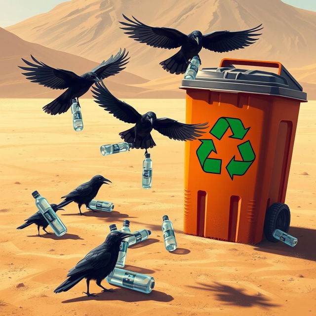 In a vibrant digital art style, the scene is set in a dry and barren desert where crows are actively picking up discarded plastic bottles from the sandy ground