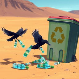 In a vibrant digital art style, the scene is set in a dry and barren desert where crows are actively picking up discarded plastic bottles from the sandy ground