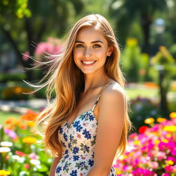A beautiful young woman with long flowing hair, wearing a stylish summer dress, standing in a sunlit park filled with colorful flowers and greenery