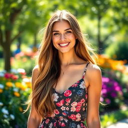 A beautiful young woman with long flowing hair, wearing a stylish summer dress, standing in a sunlit park filled with colorful flowers and greenery