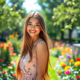 A beautiful young woman with long flowing hair, wearing a stylish summer dress, standing in a sunlit park filled with colorful flowers and greenery
