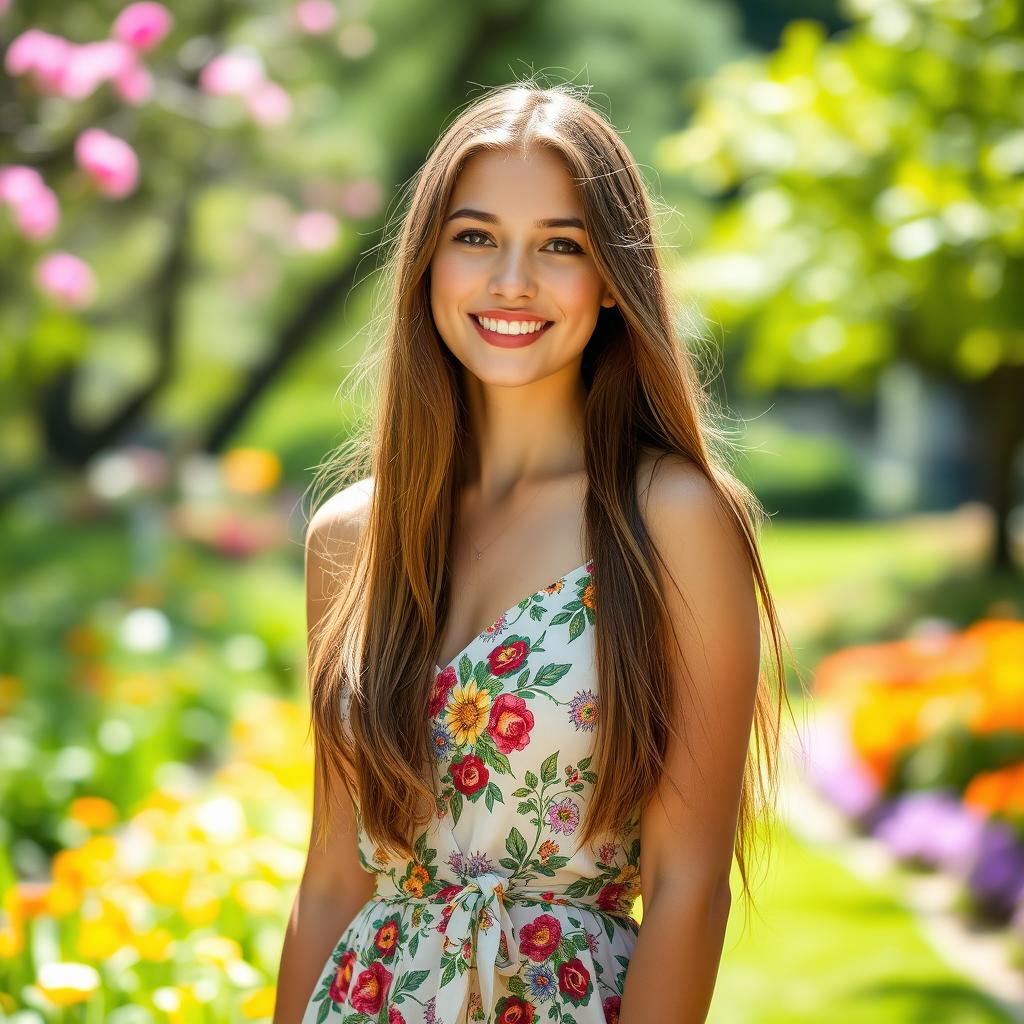 A beautiful young woman with long flowing hair, wearing a stylish summer dress, standing in a sunlit park filled with colorful flowers and greenery