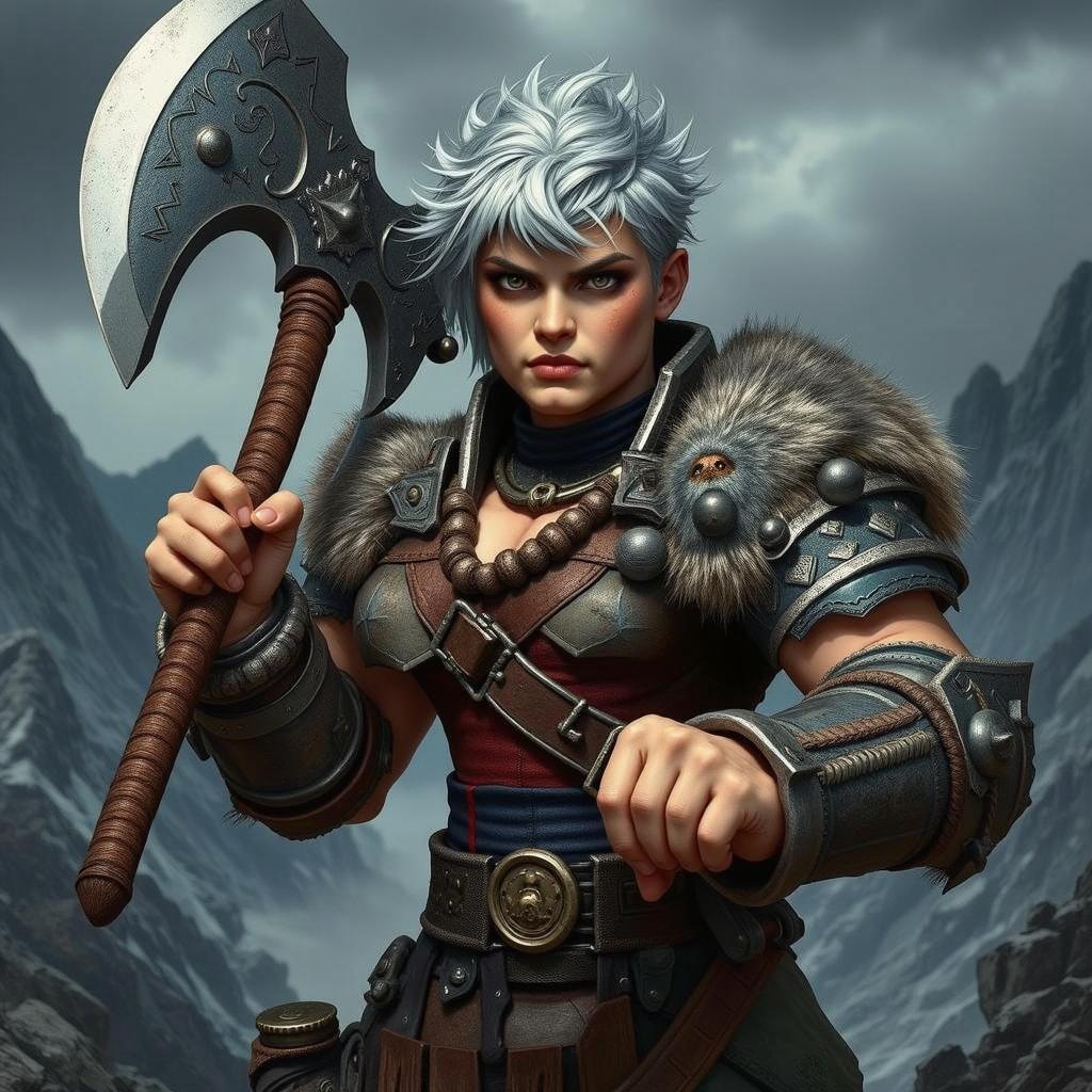 A grumpy, stocky silver-haired barbarian dwarven lady with a short, silver beard stands fiercely, holding a massive great axe with both hands