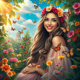 A vibrant, surreal portrait of a woman named Rosa, surrounded by a lush garden filled with colorful flowers, butterflies, and greenery