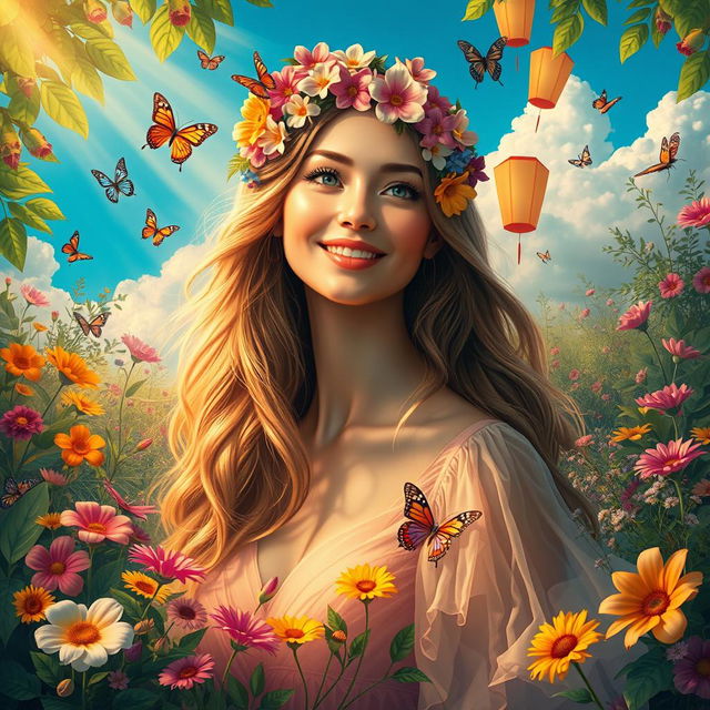 A vibrant, surreal portrait of a woman named Rosa, surrounded by a lush garden filled with colorful flowers, butterflies, and greenery