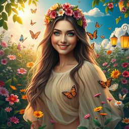 A vibrant, surreal portrait of a woman named Rosa, surrounded by a lush garden filled with colorful flowers, butterflies, and greenery