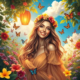 A vibrant, surreal portrait of a woman named Rosa, surrounded by a lush garden filled with colorful flowers, butterflies, and greenery