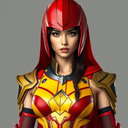 A 25-year-old female superhero in sleeveless armor, reflecting an ancient yet futuristic design