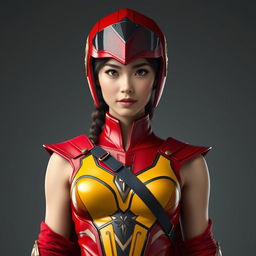 A 25-year-old female superhero in sleeveless armor, reflecting an ancient yet futuristic design