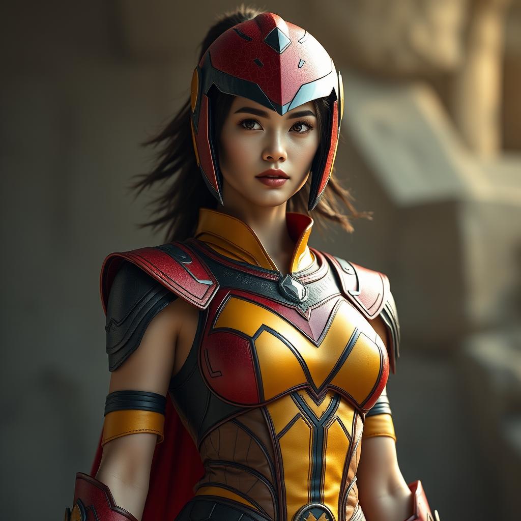 A 25-year-old female superhero in sleeveless armor, reflecting an ancient yet futuristic design