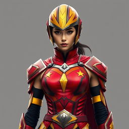 A 25-year-old female superhero in sleeveless armor, reflecting an ancient yet futuristic design