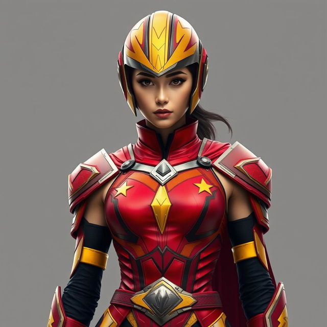 A 25-year-old female superhero in sleeveless armor, reflecting an ancient yet futuristic design