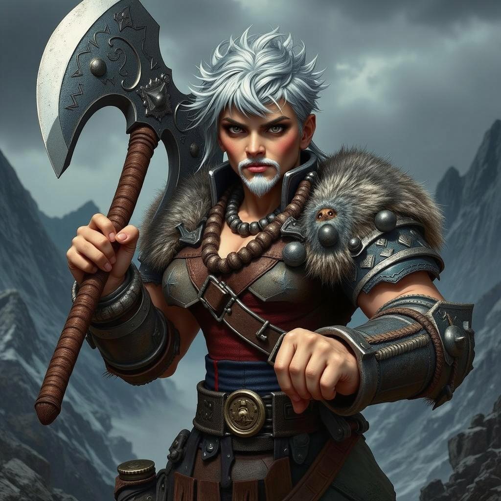 A grumpy, stocky silver-haired barbarian dwarven lady stands fiercely, wielding a massive great axe