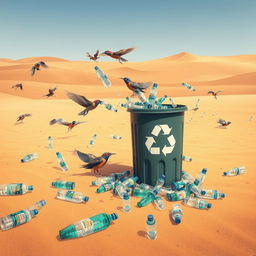 In a striking digital art style, the scene is set in a dry and barren desert where various birds are depicted actively picking up discarded plastic mineral water bottles from the sandy ground