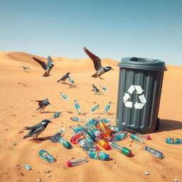 In a striking digital art style, the scene is set in a dry and barren desert where various birds are depicted actively picking up discarded plastic mineral water bottles from the sandy ground