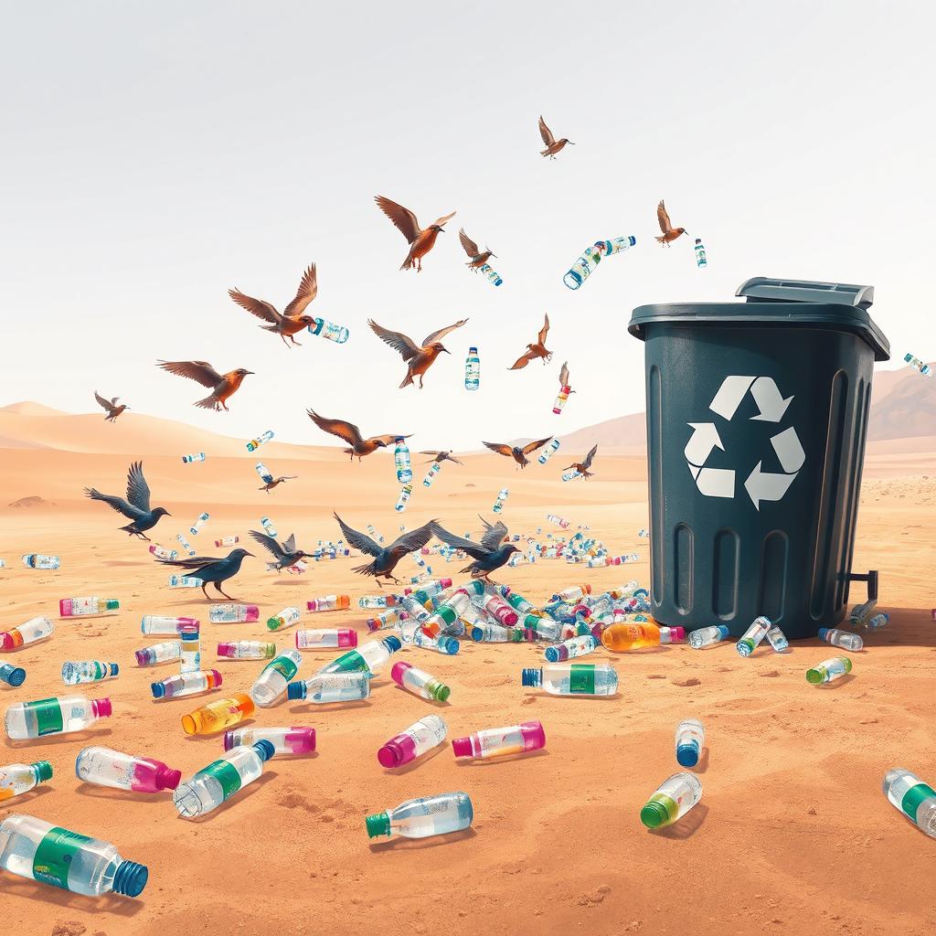 In a striking digital art style, the scene is set in a dry and barren desert where various birds are depicted actively picking up discarded plastic mineral water bottles from the sandy ground