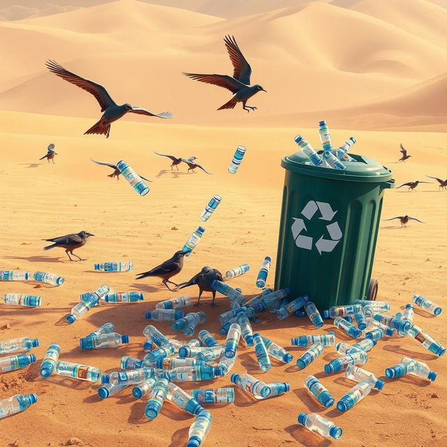 In a striking digital art style, the scene is set in a dry and barren desert where various birds are depicted actively picking up discarded plastic mineral water bottles from the sandy ground