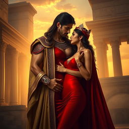 Queen Semiramis, wearing a sexy form-fitting red outfit that accentuates her curves, stands in a loving embrace with King Nimrod