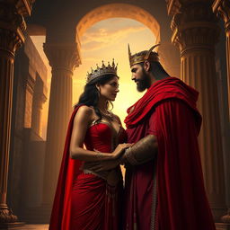 Queen Semiramis, wearing a sexy form-fitting red outfit that accentuates her curves, stands in a loving embrace with King Nimrod