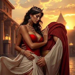 Queen Semiramis, wearing a sexy form-fitting red outfit that accentuates her curves, stands in a loving embrace with King Nimrod