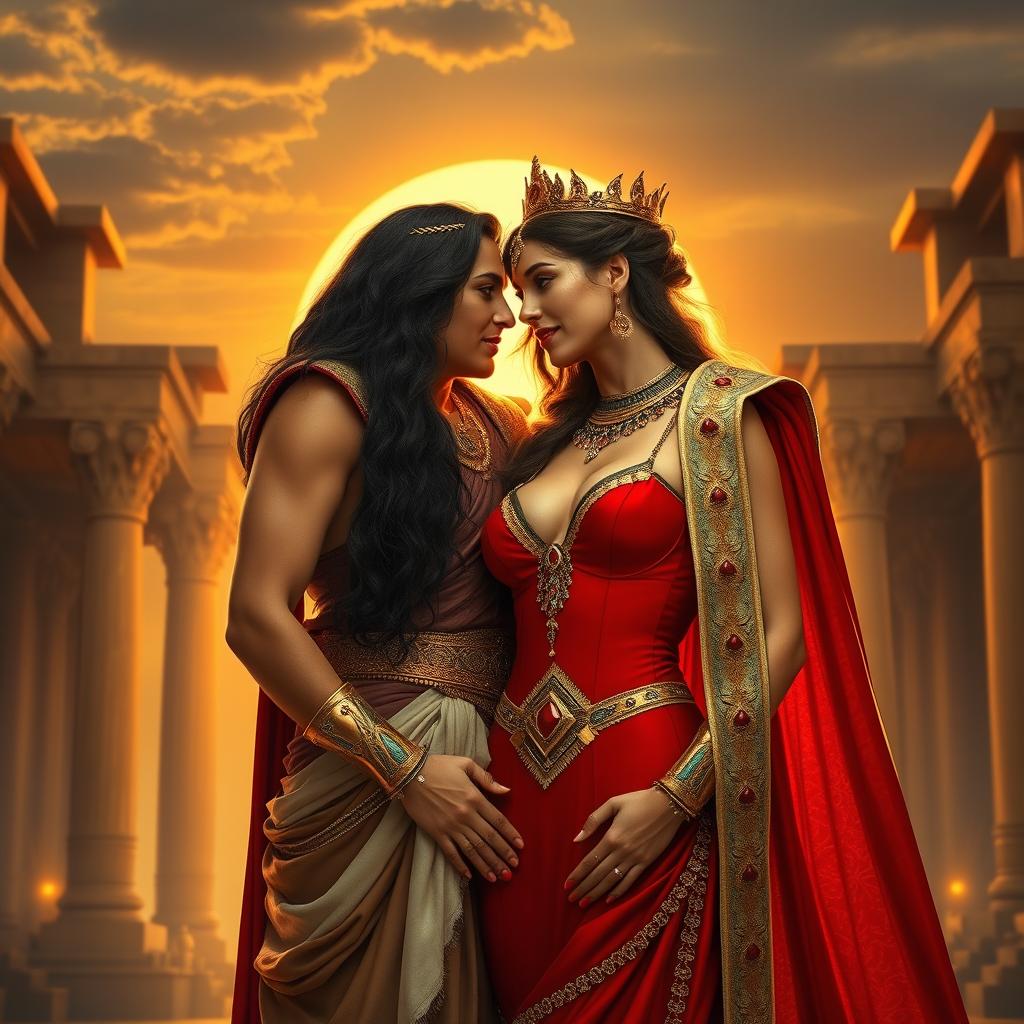 Queen Semiramis, wearing a sexy form-fitting red outfit that accentuates her curves, stands in a loving embrace with King Nimrod