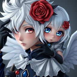 A photorealistic image featuring an animated boy with striking white hair and two distinctive eyes: one blue and one red