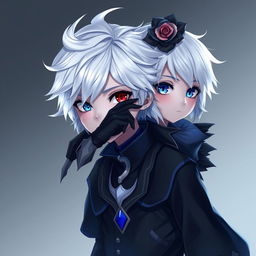 A photorealistic image featuring an animated boy with striking white hair and two distinctive eyes: one blue and one red