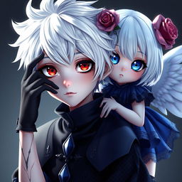 A photorealistic image featuring an animated boy with striking white hair and two distinctive eyes: one blue and one red