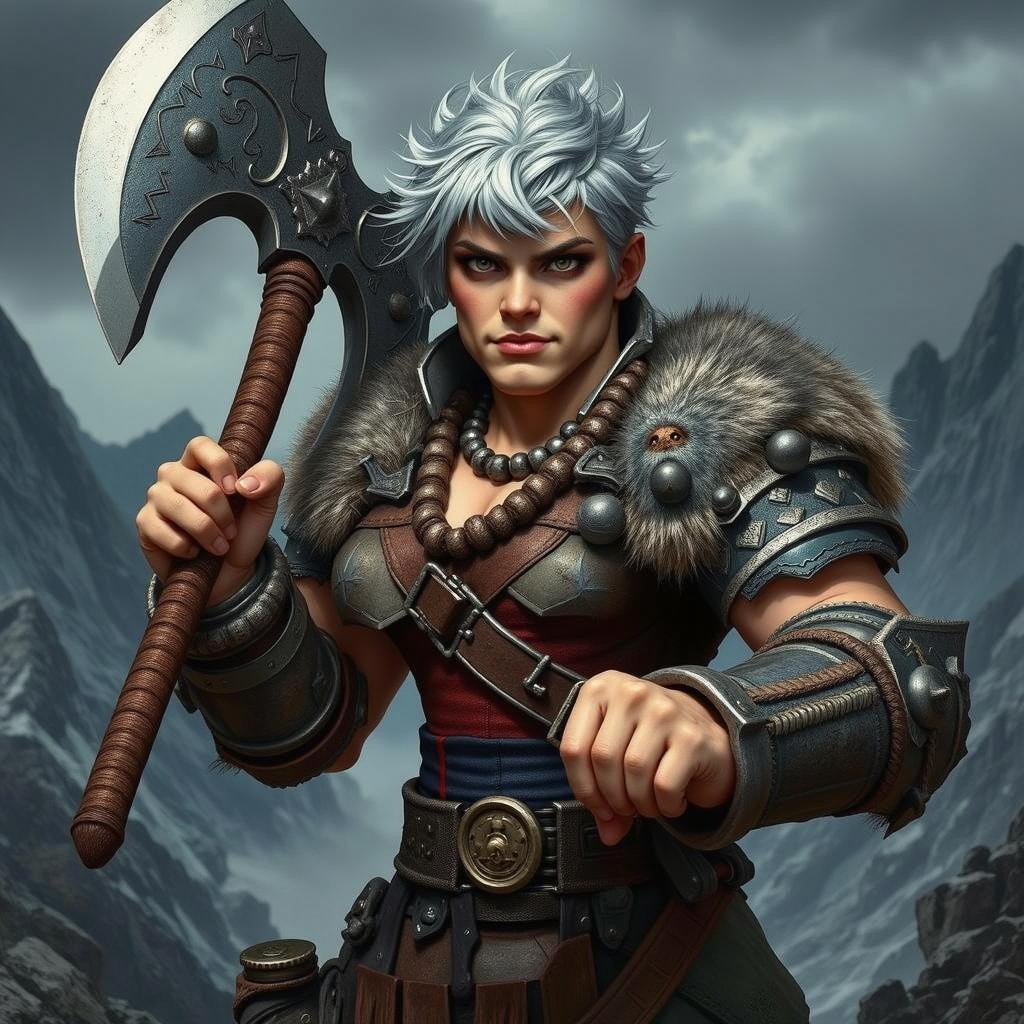 A grumpy, stocky blonde barbarian dwarven lady stands boldly, wielding a massive great axe with both hands