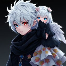 A wide 32k photorealistic image featuring an animated boy with distinctive white hair, wearing black and blue clothes that combine elements of the dark shadow of death and the dark soul