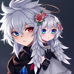 A wide 32k photorealistic image featuring an animated boy with distinctive white hair, wearing black and blue clothes that combine elements of the dark shadow of death and the dark soul