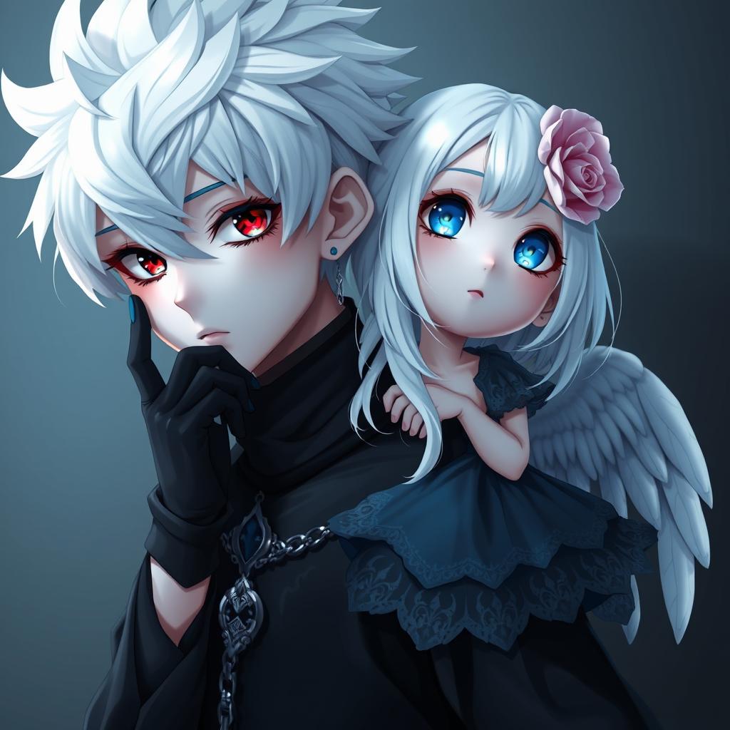 A wide 32k photorealistic image featuring an animated boy with distinctive white hair, wearing black and blue clothes that combine elements of the dark shadow of death and the dark soul